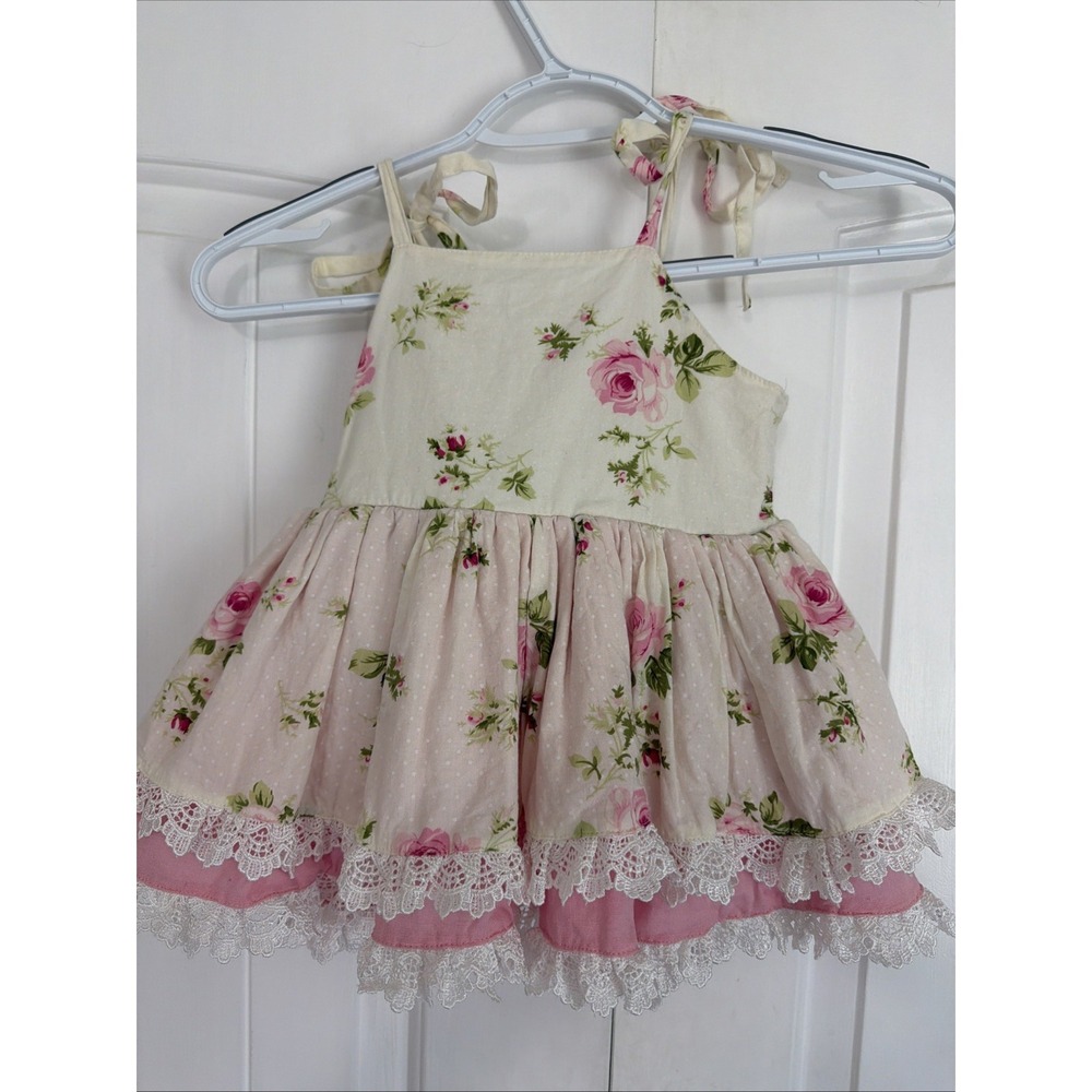 The Carriage House Dress White Pink Roses Lace Trim Lined Ruffles 18-24 Months‎